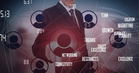 Composition of businessman touching interactive screen with icons and text Stock Photos