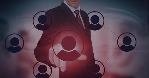 Composition of businessman touching interactive screen with icons Foto stock