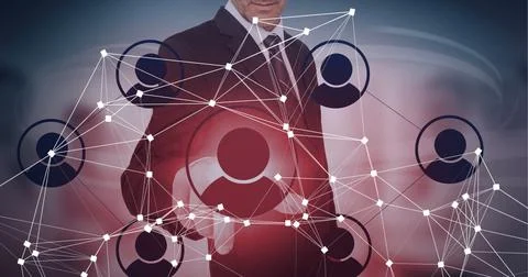 Composition of businessman touching interactive screen with icons 写真素材