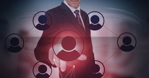 Composition of businessman touching interactive screen with icons 스톡 사진