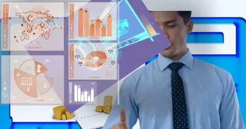 Composition of businessman touching interactive screen with digital data Stock Photos