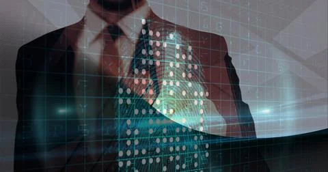 Composition of businessman touching interactive screen with biometric data Foto stock