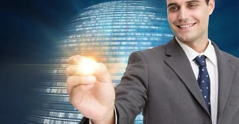 Composition of businessman touching interactive screen over binary coding 스톡 사진