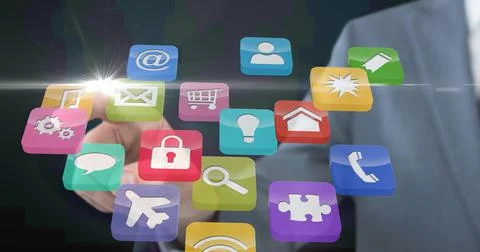 Composition of businessman touching screen with digital colouruful icons Foto stock