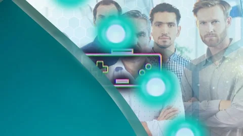 Composition of businessman using interactive screen with laptop cloud and Stock Footage 330478666