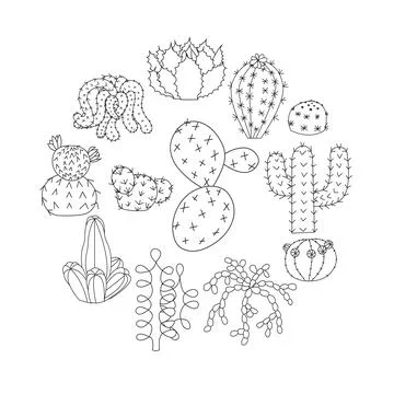 Composition of cacti in a circle shape in doodle style. Vector illustration.. Stock Illustration