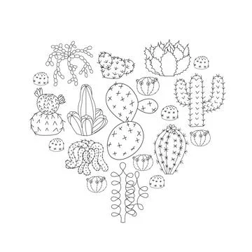 Composition of cacti in the shape of a heart in doodle style. Vector illust.. Stock Illustration