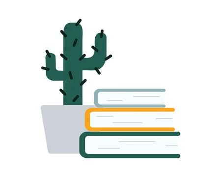 Composition of a cactus in a pot and a stack of books. Hobbies: reading and Stock Illustration