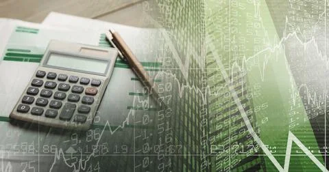 Composition of calculator and documents over digital diagrams Foto stock