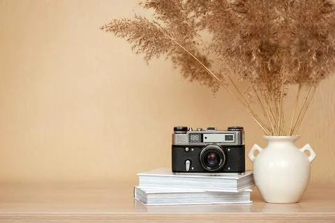 Composition from the camera, books on the table. The concept of photography. Stock Photos