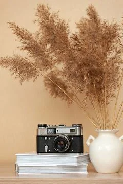 Composition from the camera, books on the table. Stock Photos