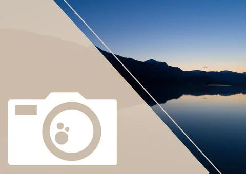 Composition of camera icon and mountain landscape with lake, sky and clouds Stock Photos