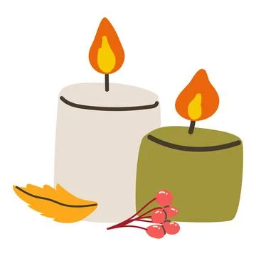 Composition of candles and autumn leaf and berry. Ilustración de archivo