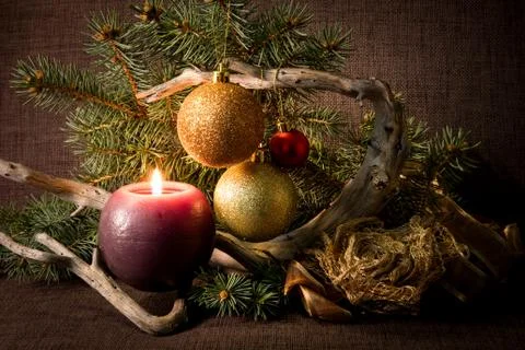 Composition with candles and Christmas tree Stock Photos