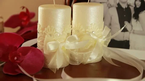 Composition Of Candles, Orchids and Ribbons Near Photo Stock Footage 52339053