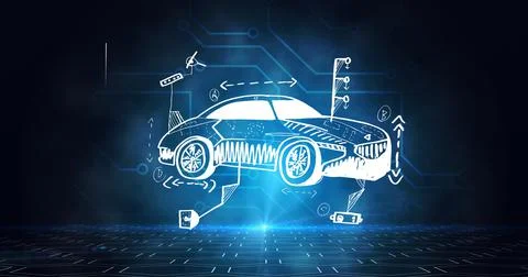 Composition of car drawing with computer circuit board elements on blue Illustrazione stock
