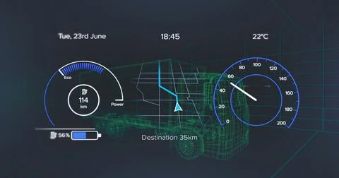 Composition of car interface over digital truck on black background イラスト素材