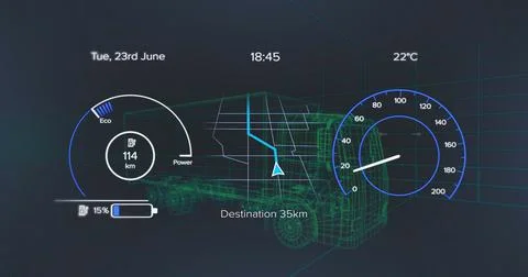 Composition of car interface over digital truck on black background Stock Illustration