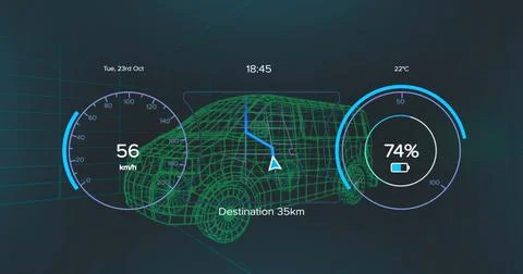 Composition of car interface over digital van on black background Stock Illustration