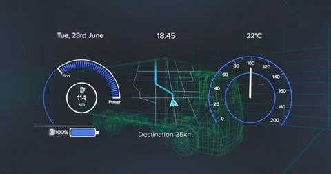 Composition of car interface over digital truck on black background Stock Illustration