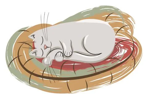 Composition of a cat sleeping and hugging his tail in his bed Illustrazione stock