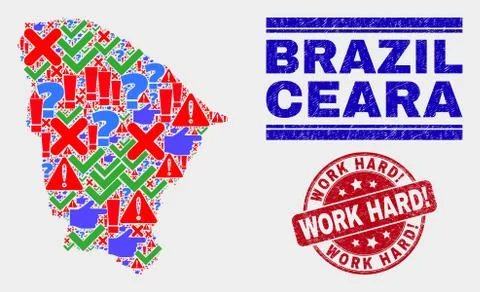 Composition of Ceara State Map Sign Mosaic and Scratched Work Hard! Stamp Stock Illustration