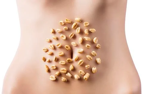 Composition of cereals over belly Stock Photos