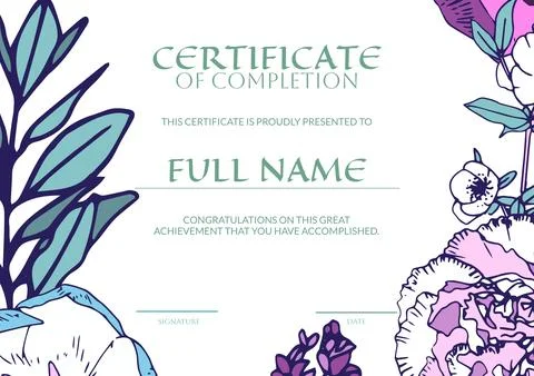 Composition of certificate of completion text with copy space on floral pattern Stock Illustration