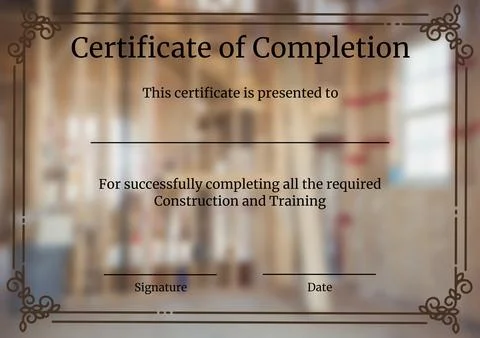 Composition of certificate of completion text with copy space on out of focus Stock Photos