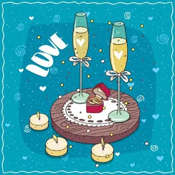 Composition with champagne and two wedding rings Stock Illustration