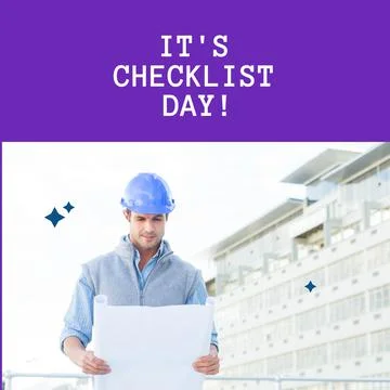 Composition of checklist day text over caucasian male worker with schema Stock Photos