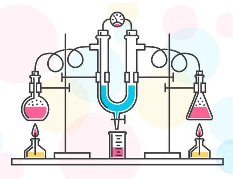 Composition of chemical flasks, hoses and a manometer in a chemical laboratory Stock Illustration
