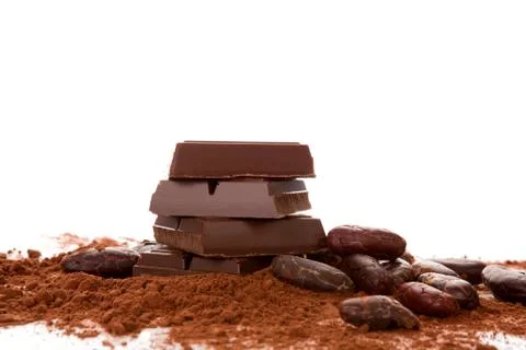 Composition with chocolate, cocoa beans and  powder on white background. Stock Photos