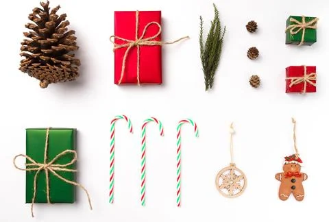 Composition of Christmas decor on a white background Stock Photos