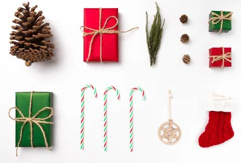 Composition of Christmas decor on a white background Stock Photos