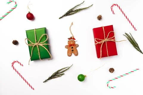 Composition of Christmas decor on a white background Stock Photos