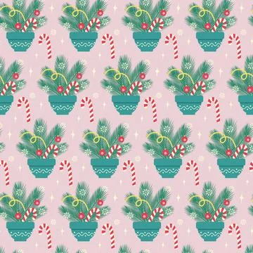 Composition of Christmas tree twigs, decorations, candy cane, snowflakes and Stock Illustration