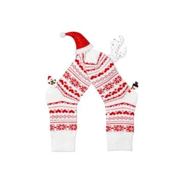 Composition of Christmas white wool socks, deer horns, hat and snowmen on a w Stock Photos