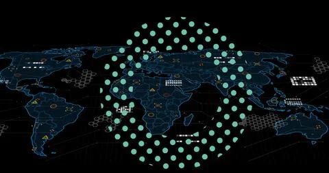 Composition of circle with dots and data processing over world map Stock Illustration