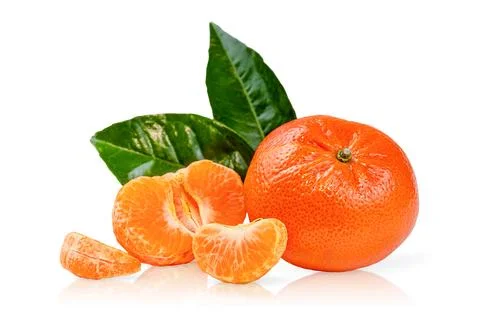 Composition of clementines or mandarines with green leaves isolated with cl.. Stock Photos