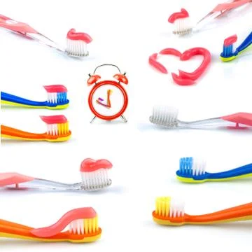 Composition from clock, color toothbrushes with toothpaste, set Stock Photos