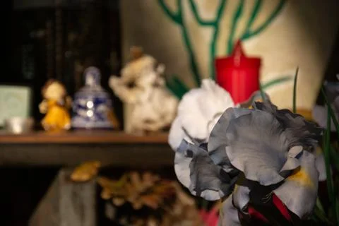 Composition of cloth flowers on blurred background Stock-Fotos