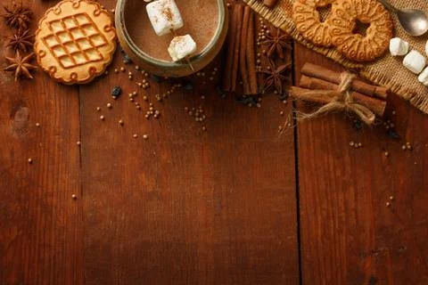 Composition of cocoa with marshmallow, biscuit cookies, anisetree stars, ci.. Stock Photos