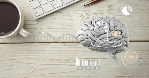 Composition of coffee and keyboard on office desk, with medical brain research Foto stock
