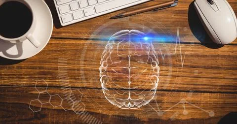 Composition of coffee and keyboard on office desk, with medical brain research 스톡 사진