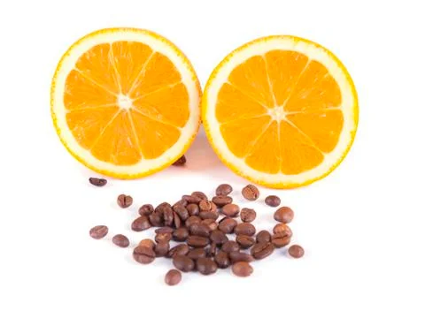 Composition of coffee beans and orange Stock Photos