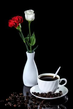 Composition of coffee, white rose and red carnation on a black reflective bac Stock Photos