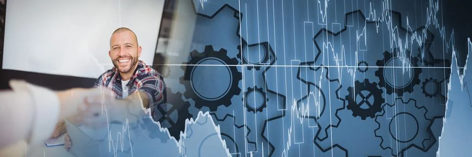 Composition of cogs and data processing over smiling man shaking hands Stock Photos