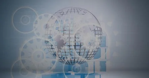 Composition of cogs working over globe on blue background Stock Illustration