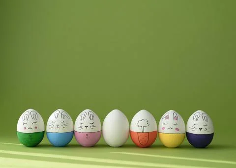 Composition with colored easter eggs and white egg. Stock Photos